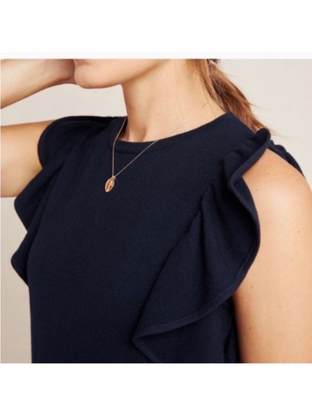 By Anthropologie Navy Flutter Sleeve Sweater Tank Top Ruffle Viscose Soft Large